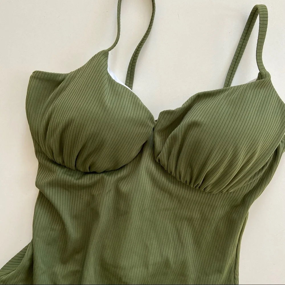 Shade & Shore Palm Olive Green Ribbed Cheeky One-Piece Swimsuit